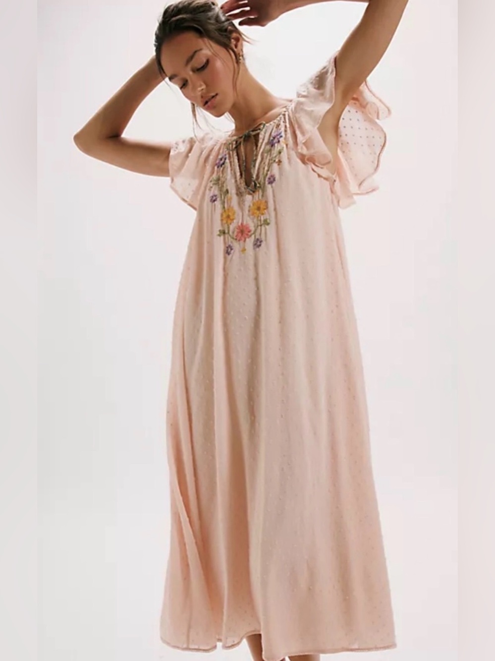 Free People Savannah Rose Midi Dress Embroidered Floral Swiss Dot Pink XS NWT